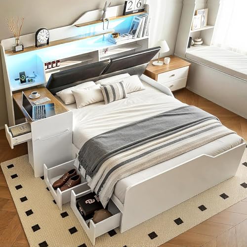Full Platform Bed Frame with Foldable Desk, Daybed with Storage Headboard, Bookcase, 4 Drawers, LED Light & Charging Station, No Box Spring Needed