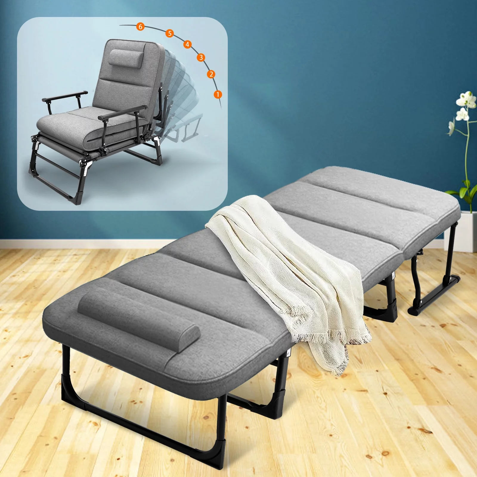 Slsy 3 in 1 Folding Sofa Bed, Portable Folding Bed with Mattress & Pillow, 6 Position Adjustable Convertible Chair, Rollaway Guest Bed Fold Out Bed