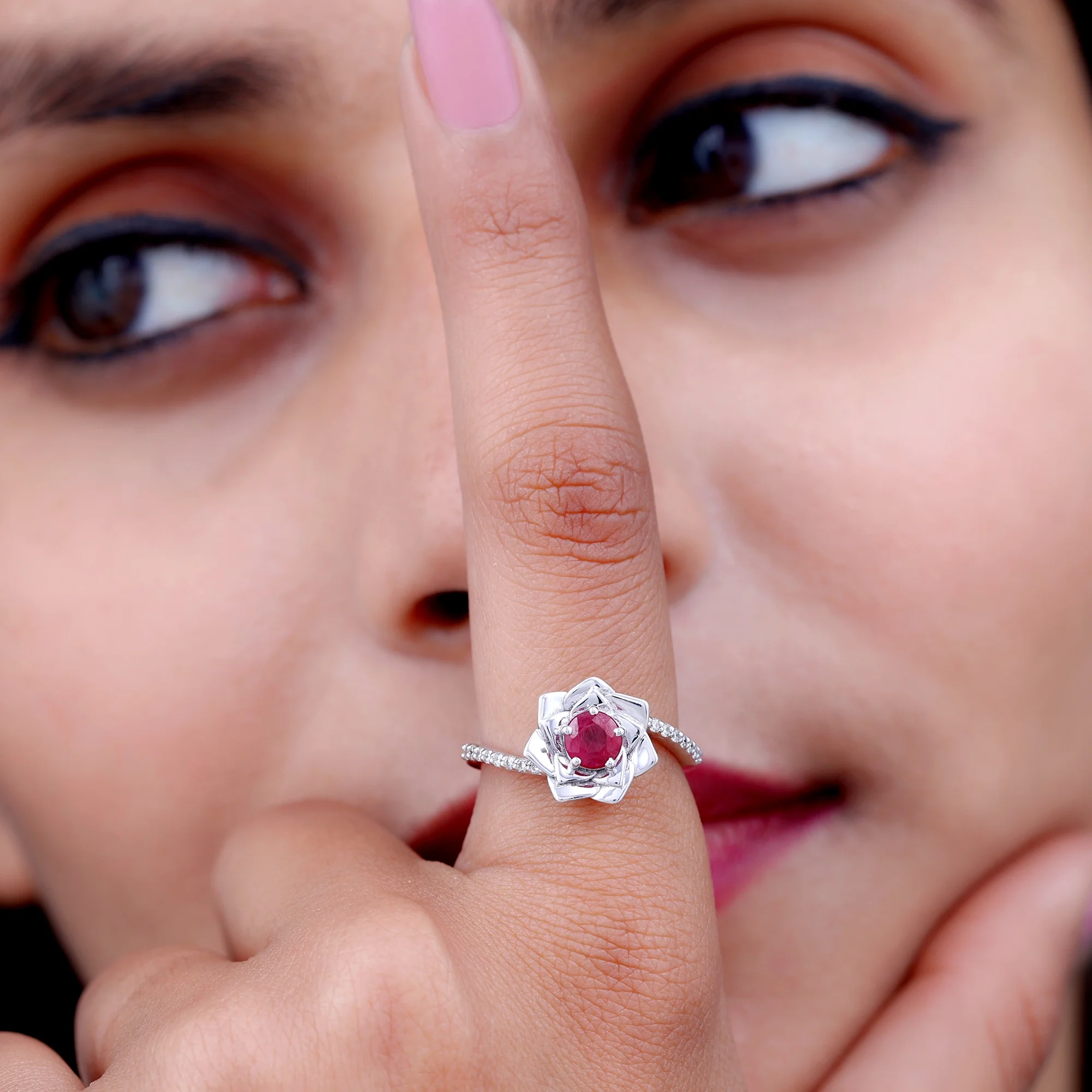 Natural Ruby Rose Floral Ring with Diamond for Women (5 mm) - 1 CT, AAA Grade, 925 Sterling Silver, US 4.00