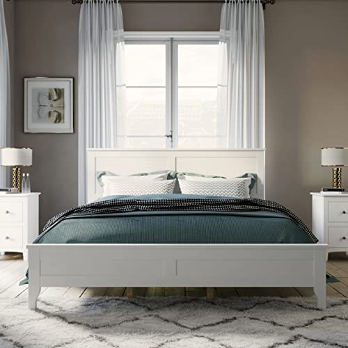 Wood Bed Frame with Headboard Wood Platform, No Box Spring Needed,White (Queen (U.S. Standard))