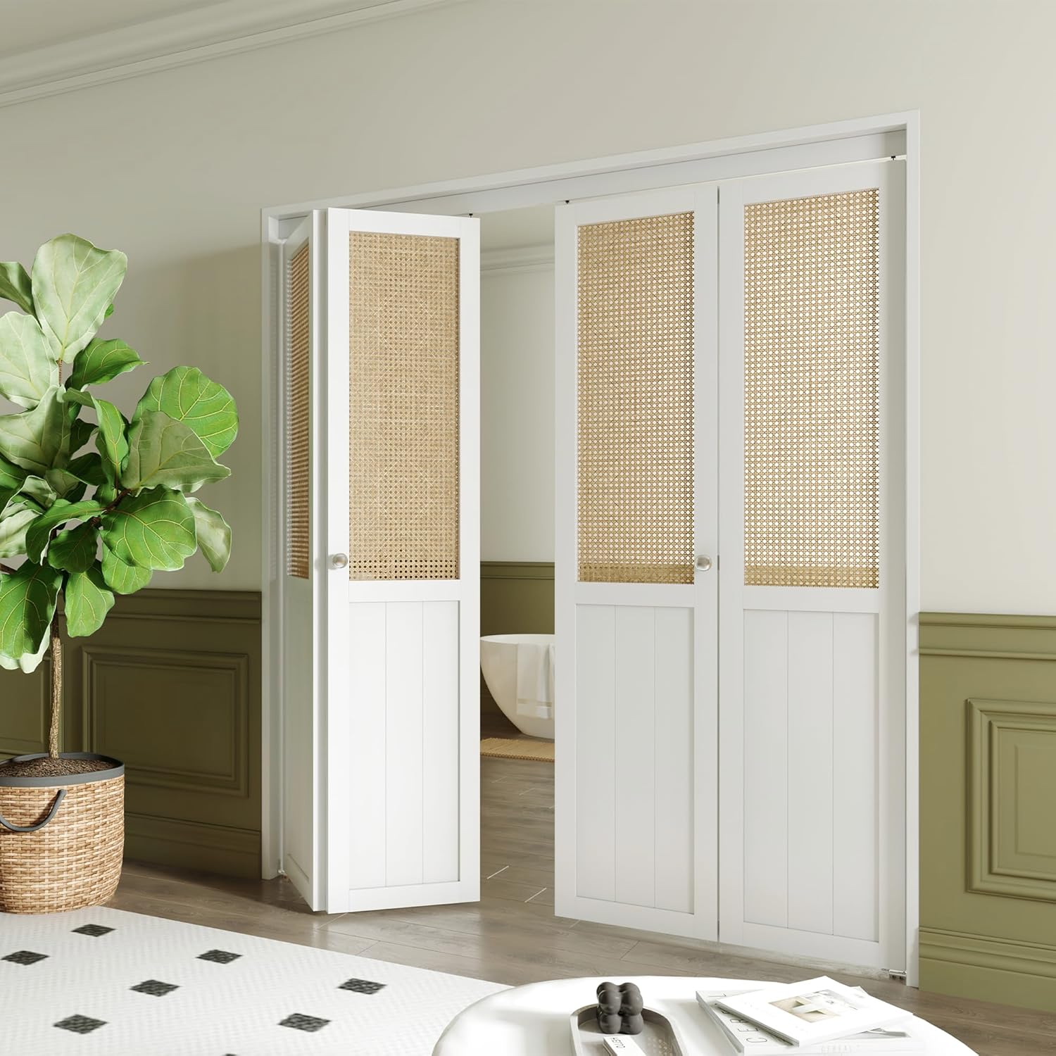 BARNER HOME Cane Bi-fold Doors - for 72"x 80" (Double 36" x 80" Doors) Opening, Webbing & Wood Interior Door Slab, Including Hardware, MDF