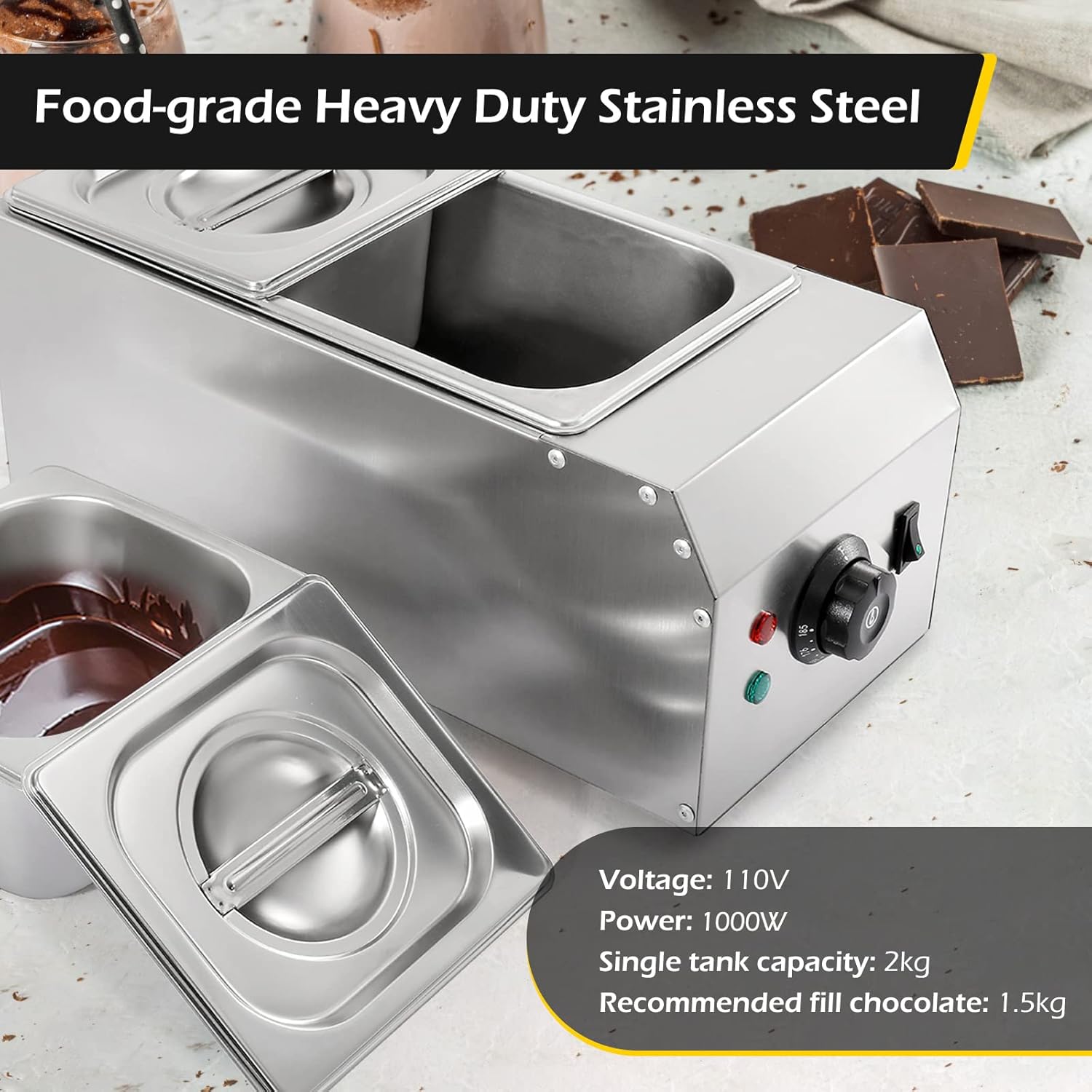 Dyna-Living 2-Tanks Chocolate Melting Machine Upgraded Chocolate Tempering Pot 1000W Electric Chocolate Melter Fondue with Temperature Control