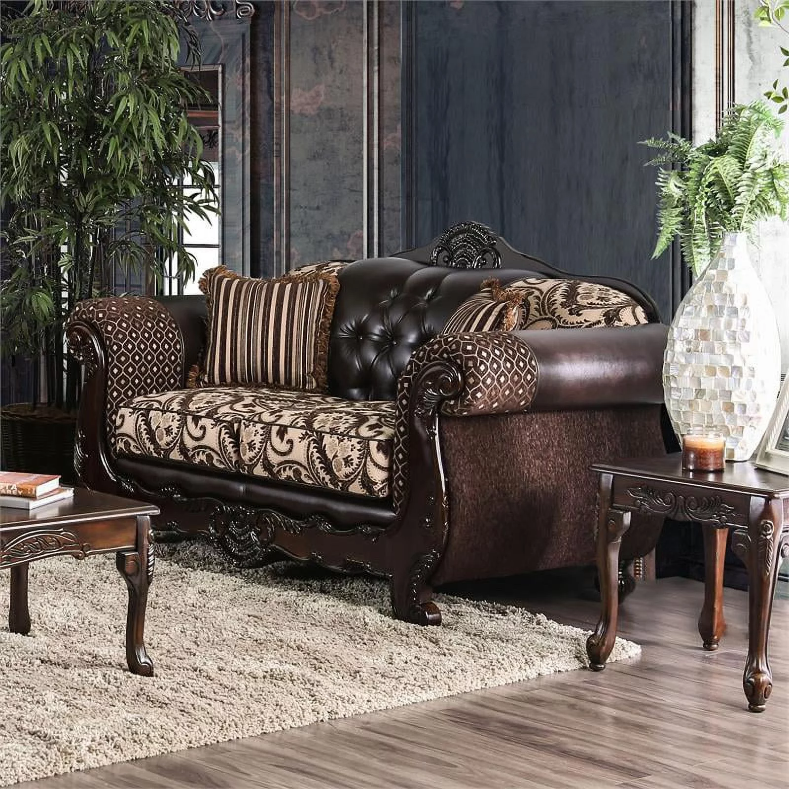 Bowery Hill Contemporary Faux Leather 2-Piece Sofa Set in Brown