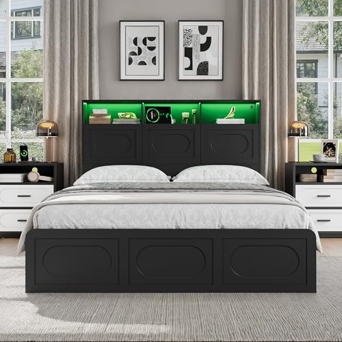 Queen Bed Frame with 47" Storage Headboard, Queen Size Wood Bed Frame with 4 Storage Drawers, Built-in Charging Station & LED, Solid Wood Slats