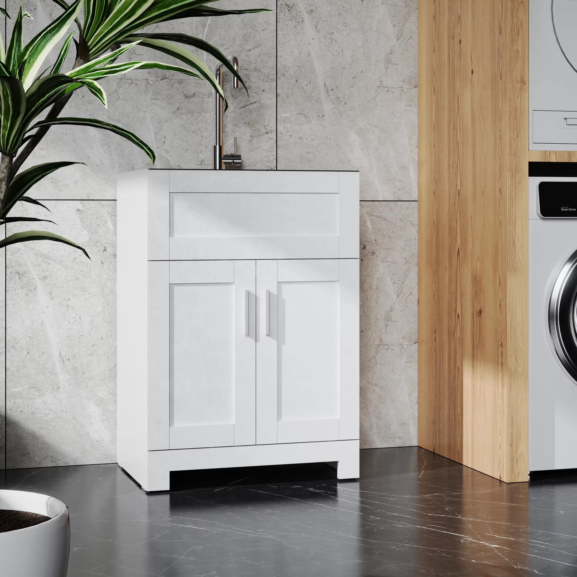 CoSoTower 24in White Paint Free Laundry Tub Cabinet w/ Stainless Steel Combo
