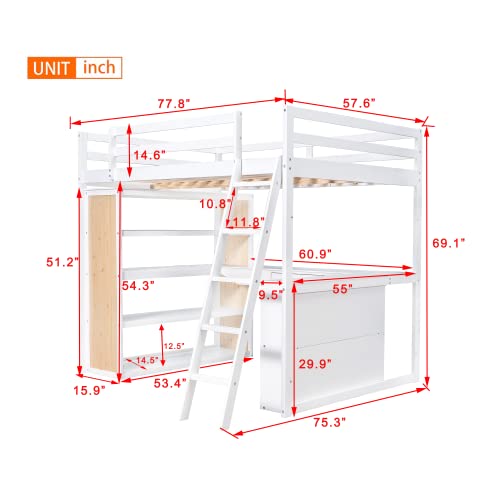 Twin Loft Bed with Staircase, Desk and Wardrobe, Wood Loft Bed with Storage Shelves and Safety Guardrail