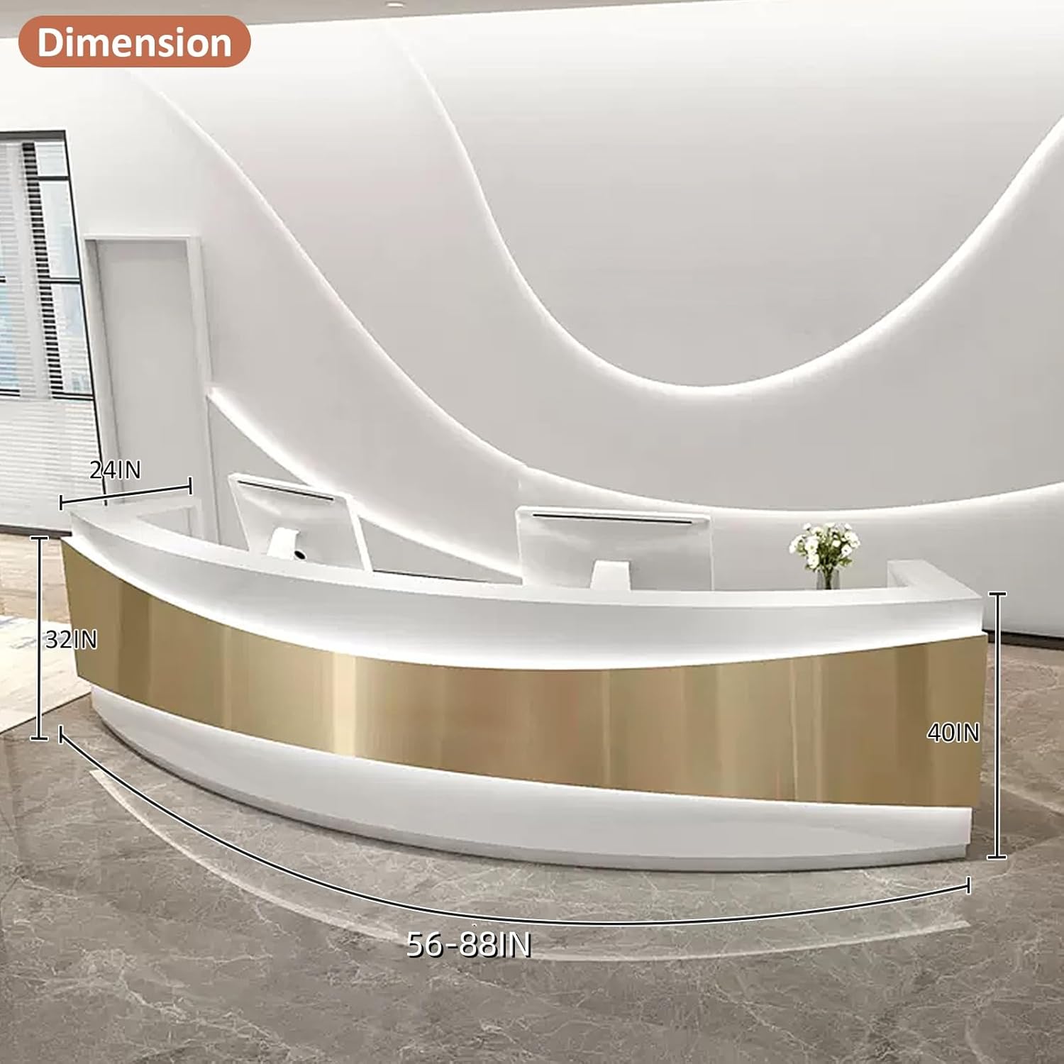 Luxurious Reception Desk - Golden Panel & Curved LED Light & Low-Pitched Slide Rails | Reception Room Front Desk, for Home, Office