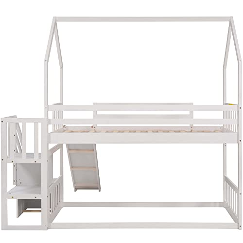 Merax Twin Over Twin House Bunk Bed Frames with Slide and Storage Staircase, No Box Spring Needed, White