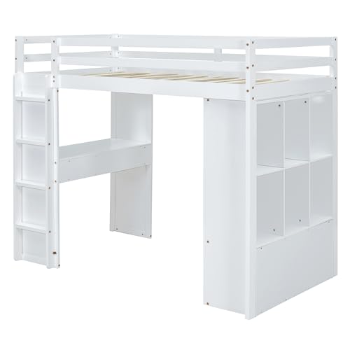 Full Size Loft Bed with Desk & Wardrobe, Solid Wood Kids Loft Bedframe w/3 Storage Drawers & 2 Shelves, Maximum Space Design, for Bedroom, Dorm, Gray