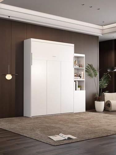 Queen Size Murphy Bed Wall Cabinet with 2 Wardrobe and Storage Shelf, Wooden Murphy Cube Wall Bed