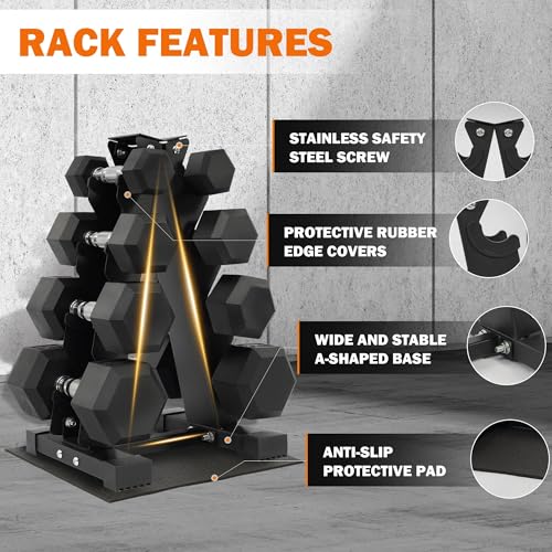 Dumbbell Set with Rack, Rubber Coated Hex Dumbbell Weights in 100lbs, 5, 10, 15, 20lbs Pair