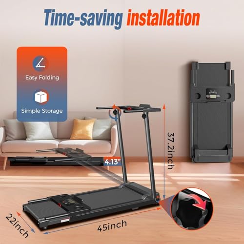 Treadmill with Handles, Portable Small Treadmills for Home and Office, 3.0HP Folding Walking Pad with 300 lbs Capacity, Cup Holder