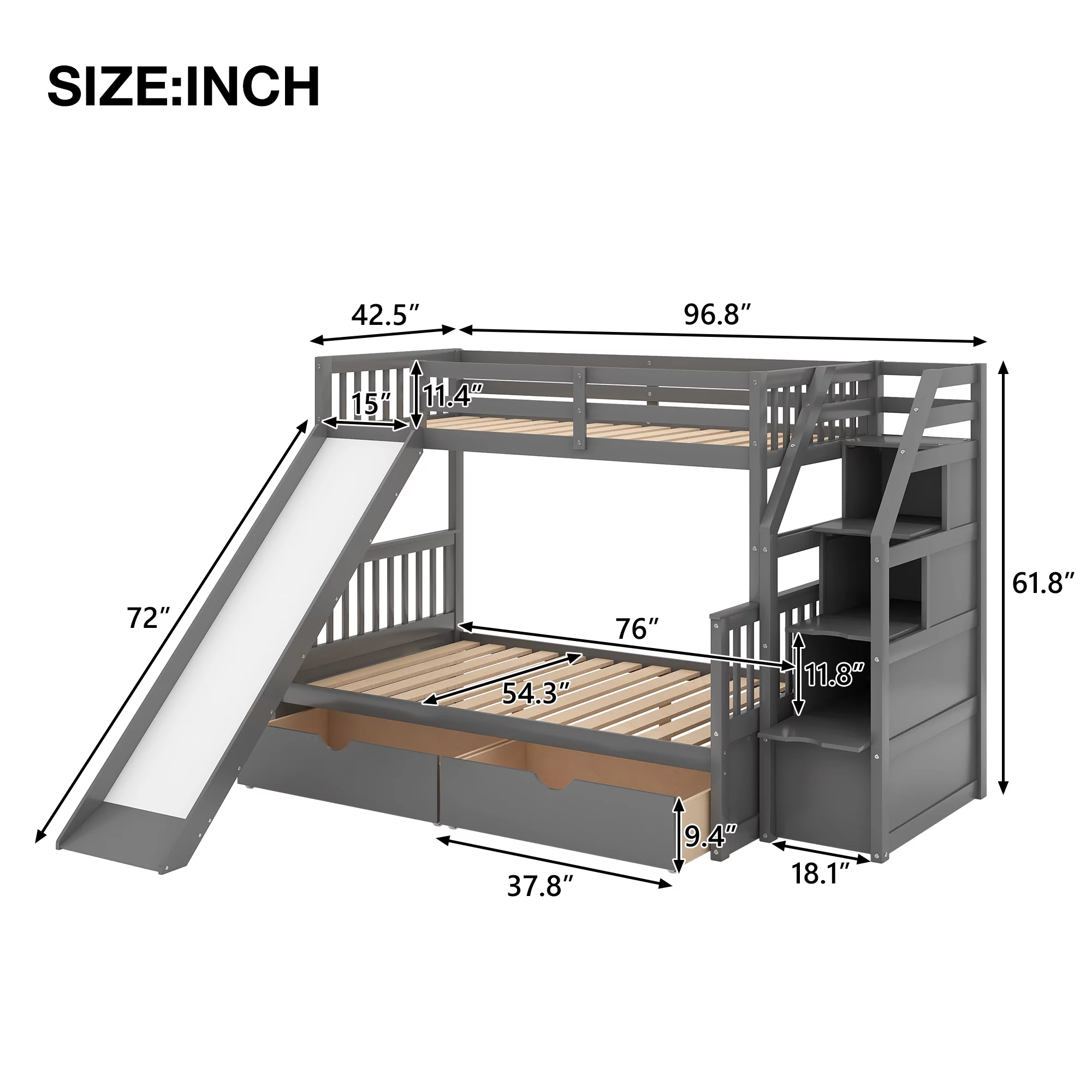 Euroco Wood Twin over Full Bunk Bed with 2 Drawers and Slide, Storage Staircase for Bedroom, Gray - Radiant Selections