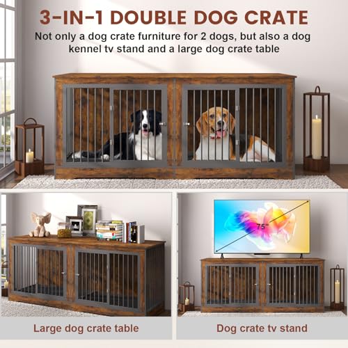 3-in-1 75 Inch Double Dog Crate Furniture for 2 Large Dogs Durable Rustic Brown TV Stand Dog Crate with Trays and Divider