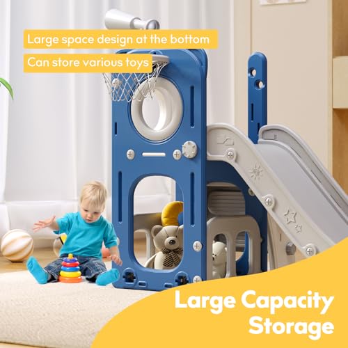 6 in 1 Toddler Playset with Slide, Kids Slide with Basketball Hoop, Ball, Ring Toss, Indoor Outdoor Toys (White Grey)