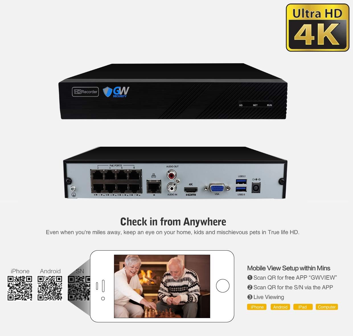 GW Security 8 Channel 4K NVR 8MP AI Human Detection Starlight Color Night Vision Security Camera System with 4 UHD 4K 2160P Microphone PoE
