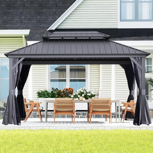 Domi 10’ x 10’ Hardtop Gazebo Metal Frame Canopy with Netting & Curtains