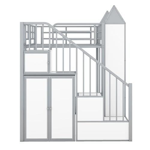 Full-Over-Full Castle Style Bunk Bed with 2 Drawers and 3 Shelves, Wood Bunk Bed Frame with Slide and Storage Staircase for Kids Teens Boys Girls