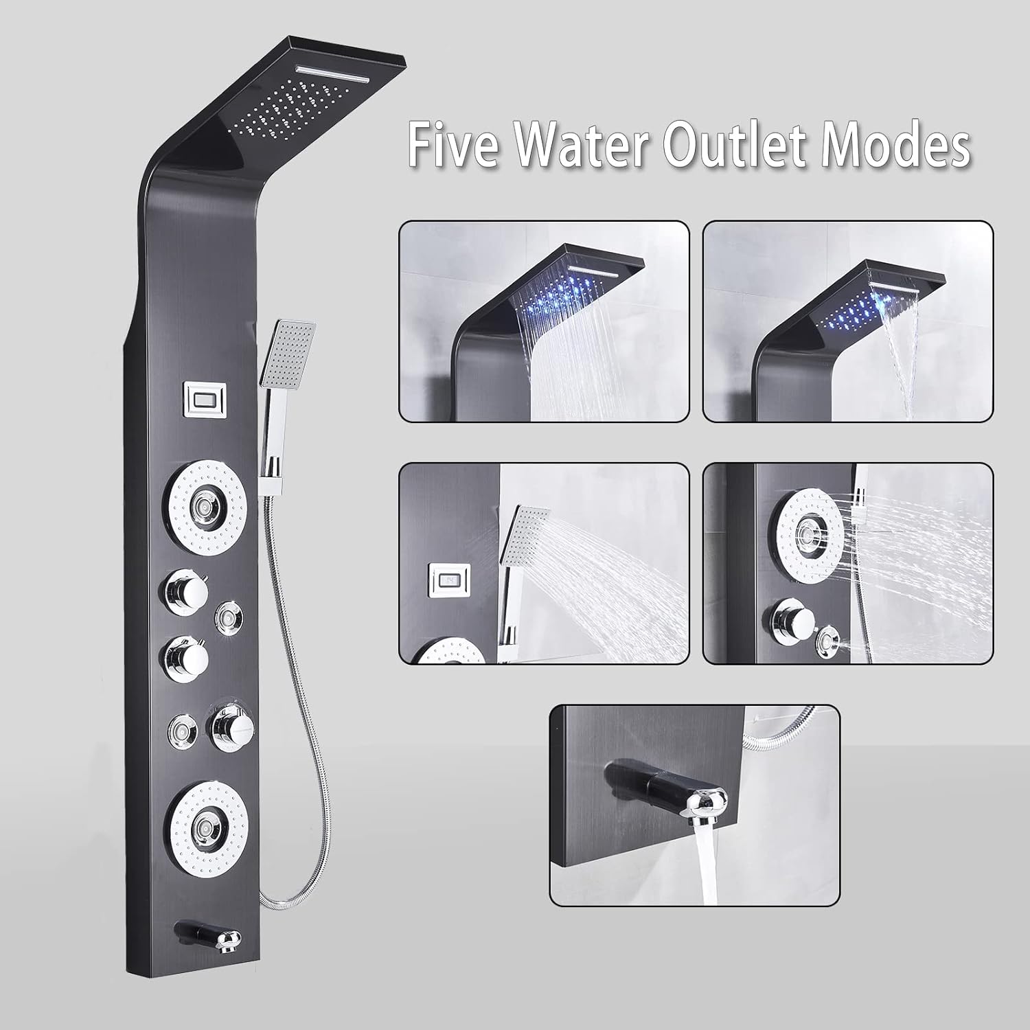 Shower Panel Tower System Shower Column with Temperature Display Rainfall Waterfall Shower Head with Handheld Spray Adjustable Massage Body Jets