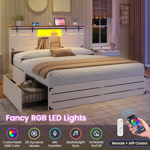 VIAGDO Wooden Bed Frame Queen Size with Bookcase Headboard and Sliding Barn Door, Farmhouse Queen Bed Frame with Charging Station