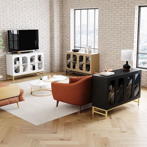 Luoxiao Sideboard Buffet Cabinet with Storage 47" Modern Storage Cabinets with Glass Doors and Adjustable Shelves Accent Wood Credenza for Living