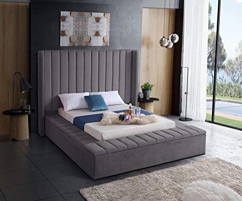 Meridian Furniture Kiki Collection Modern | Contemporary Velvet Upholsterd Bed with Channel Tufting, Siderails and Footboard Storage Compartments