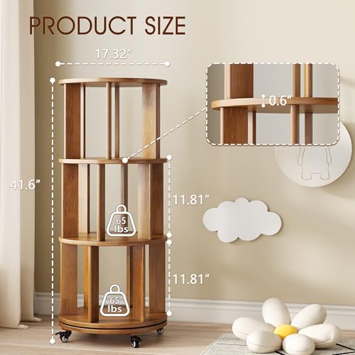 6 Tier Rotating Bookshelf Tower Spinning Bookshelf with Swivel Wheels Book Shelf Rotating Storage Tower for Kids Adult Narrow Walnut Solid Wood