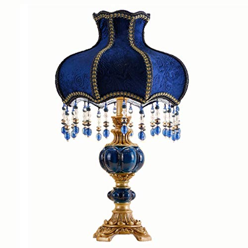 Victorian Style Table Lamp Blue Fabric Lampshade Hand-Made Antique Varnished Resin Lampbody Small Lamp for Living Room Bedroom,13 in W, 21.6 in H (Q2)