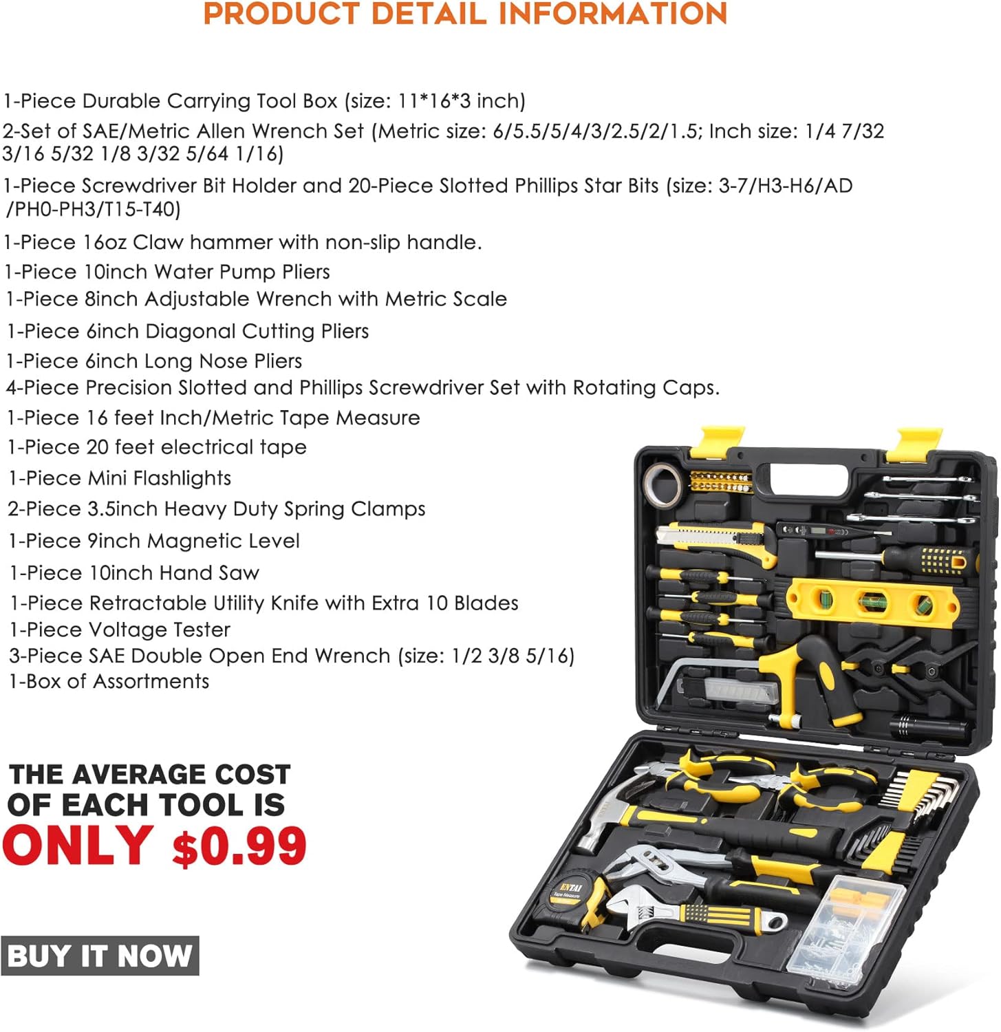 ENTAI 218-Piece Tool Kit for Home, General Household Hand Tool Set with Solid Carrying Tool Box