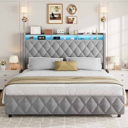 GarveeHome Queen Bed Frame with 50.8" Tall Headboard, Platform Velvet Upholstered Bed Frame with 4 Storage Drawers, USB Charging Station, Led Lights