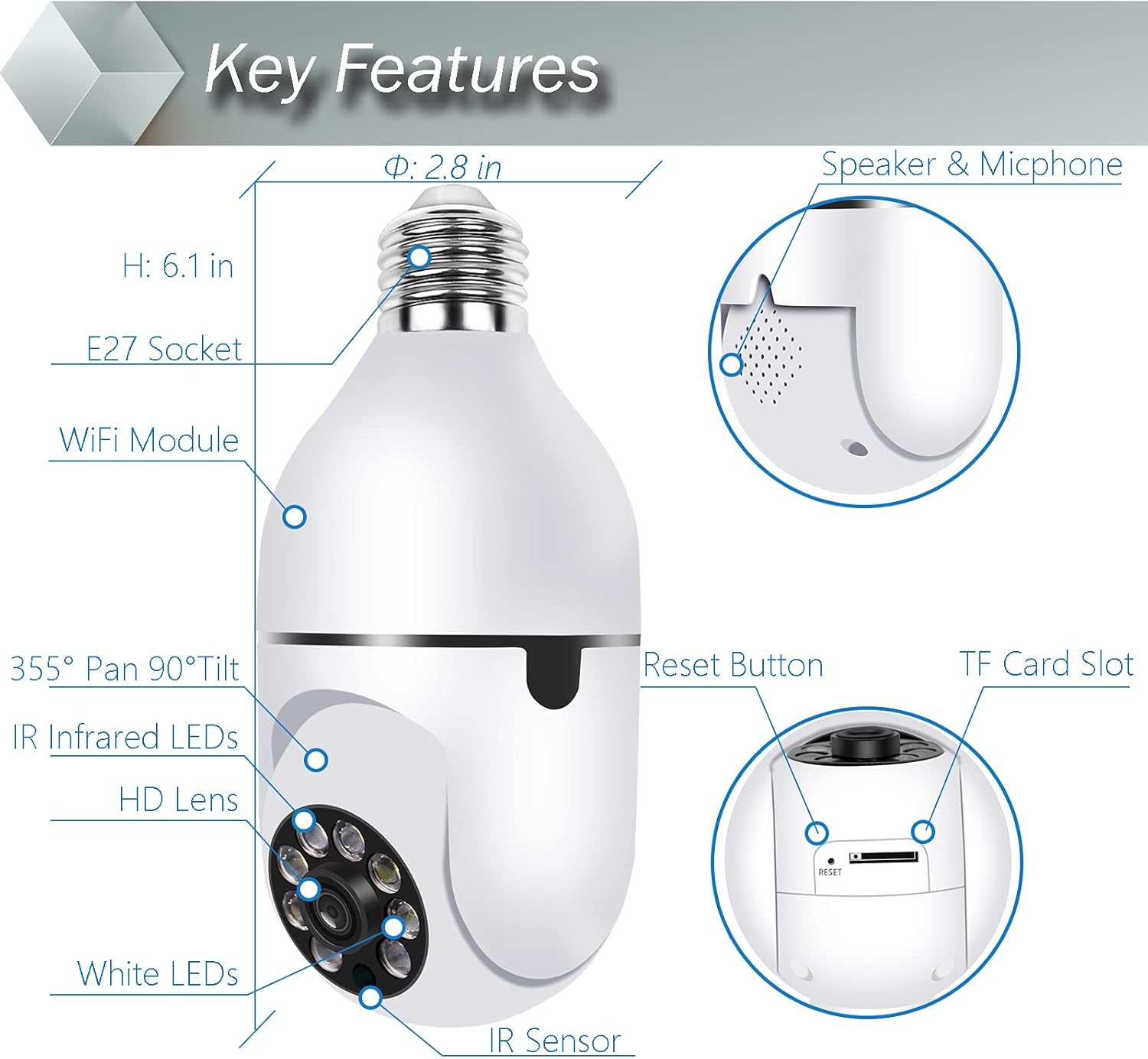 Pan Tilt Security Light Camera, Full HD 1080P Wireless Wi-Fi IP Camera