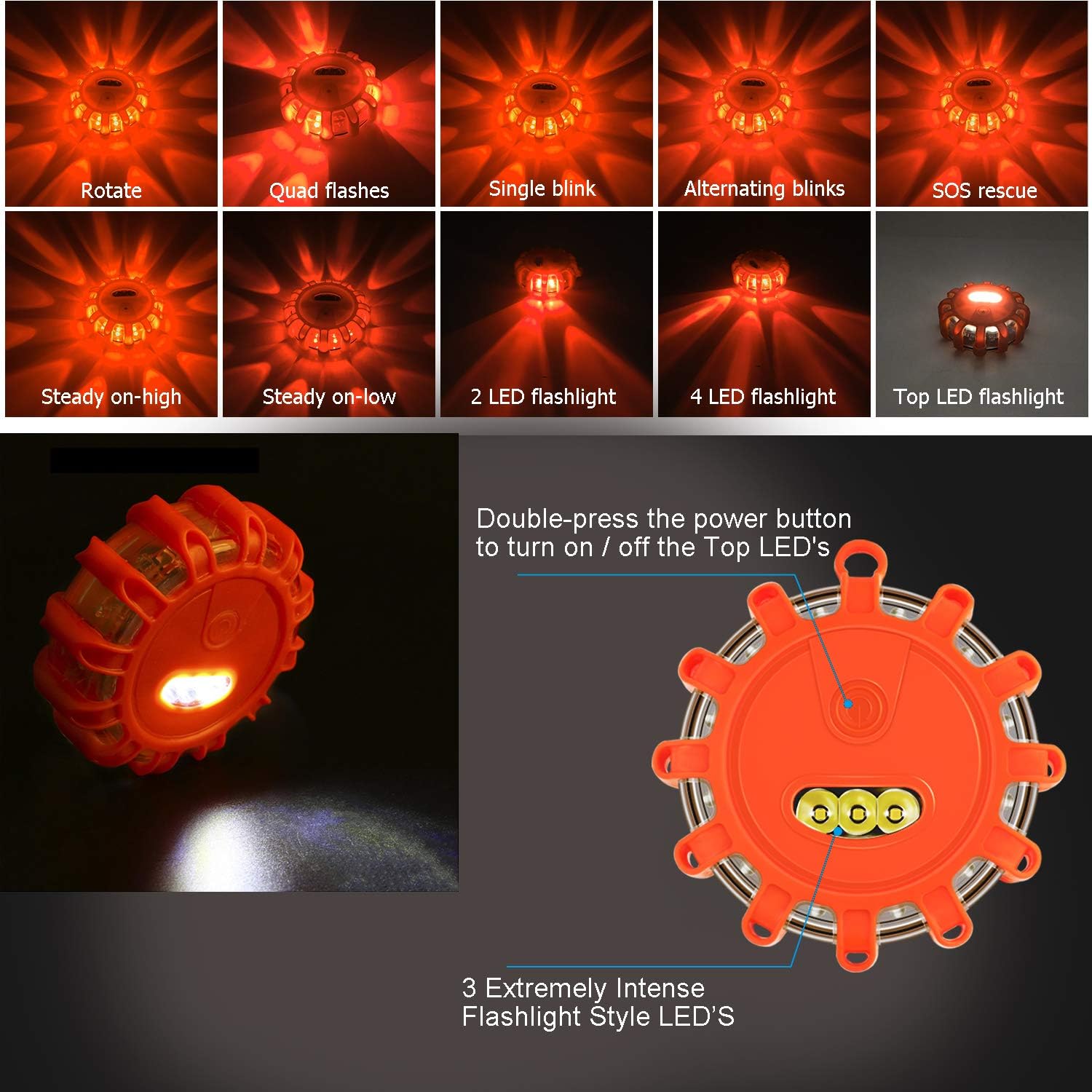 Tobfit 12 Pack LED Road Flares Emergency Lights Roadside Safety Beacon Disc Flashing Warning Flare Kit with Magnetic Base & Hook for Car Truck Boats