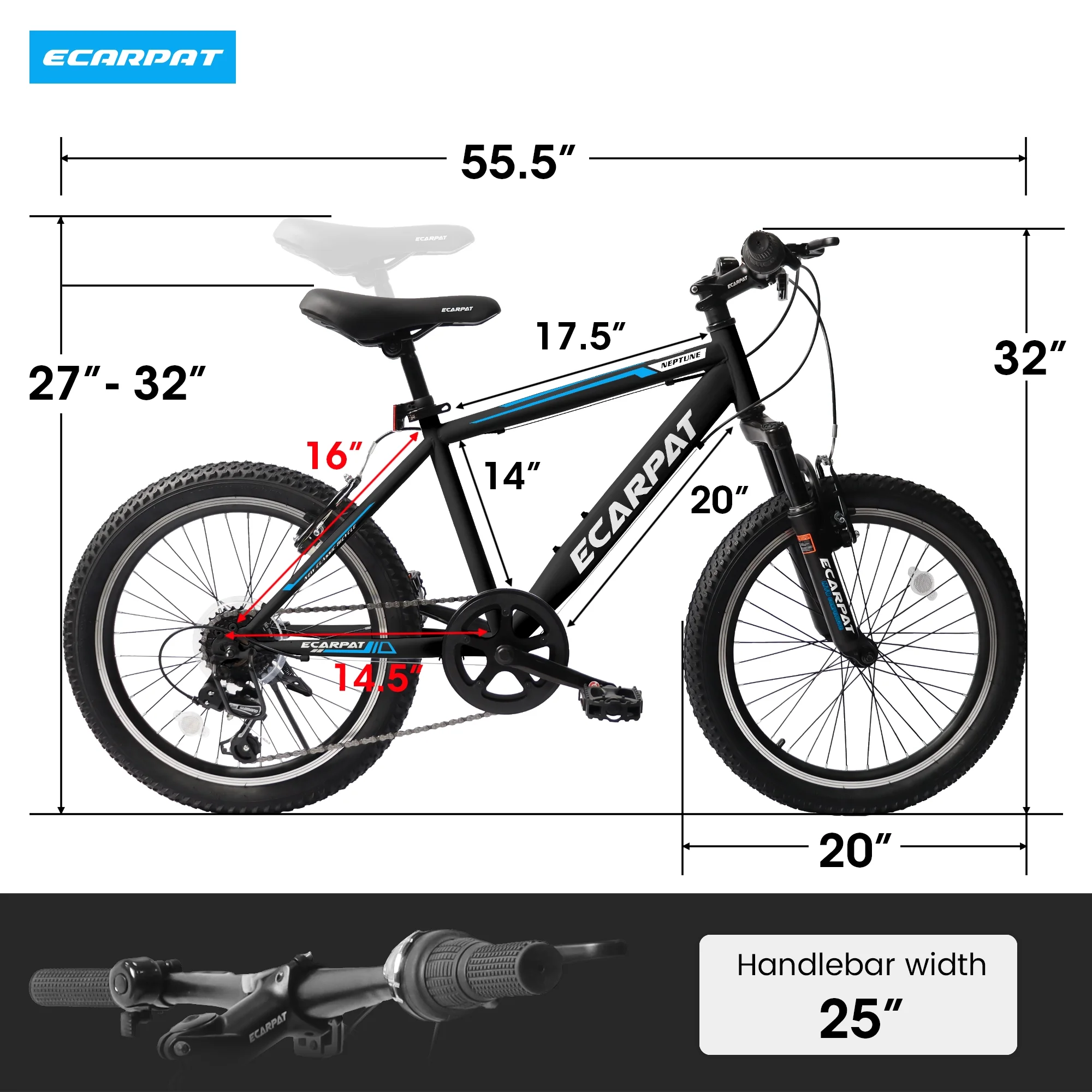 20 Inch Kids Mountain Bike for Boys and Girls, 7 Speed Shimano Drivetrain, Disc Brakes, Fat Tire Youth Bicycles- Black