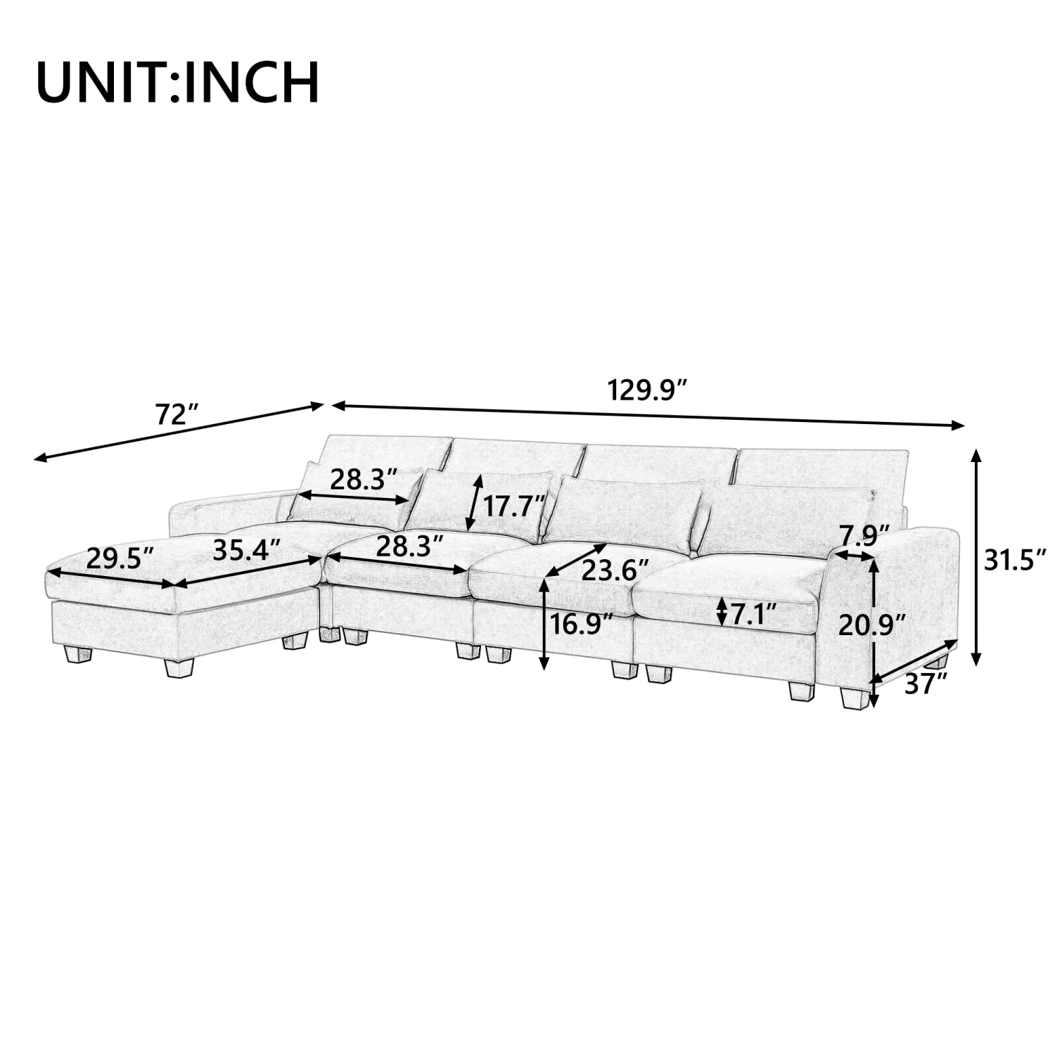 THINK 30, Dark Gray,5 Seat,Modern Large L-Shape Feather Filled Sectional Sofa,Convertible Sofa Couch with Reversible Chaise for Living Room