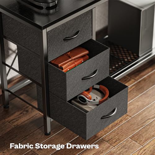 Huuger Reversible L Shaped Computer Desk with Drawers, Gaming Desk with LED Lights and Power Outlets, Office Desk with Storage Shelves