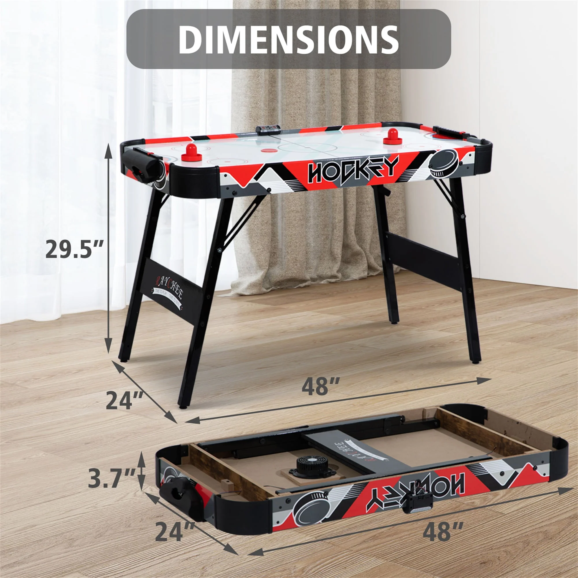RayChee 48in Foldable Air Powered Hockey Table for Home Game Room w/ 2 Pucks, 2 Pushers, LED Scoreboard, 12V Motor (Oak)