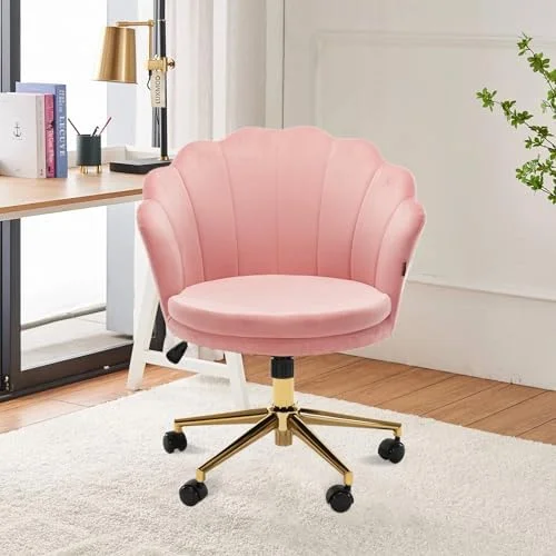 RUNFAYBIU Velvet Swivel Vanity Chair with High Backrest  Chair Upholstered Desk Chair with Wheels Adjustable Seashell Back Home Office Chair for