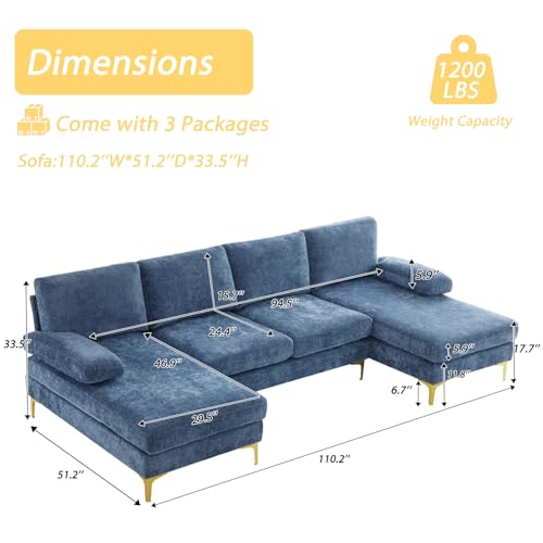 Karl home Convertible Sectional Sofa 110" U-Shape Sofa Couch 4-Seat Couch with Chaise ChenilleFabric Upholstered for Living Room, Apartment, Office