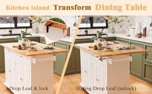67’’ Movable Kitchen Island with Drop Leaf and Power Outlet, Lockable Sliding Countertop Rolling Island Cart with 2 Large Drawers, Spice, Towel Rack