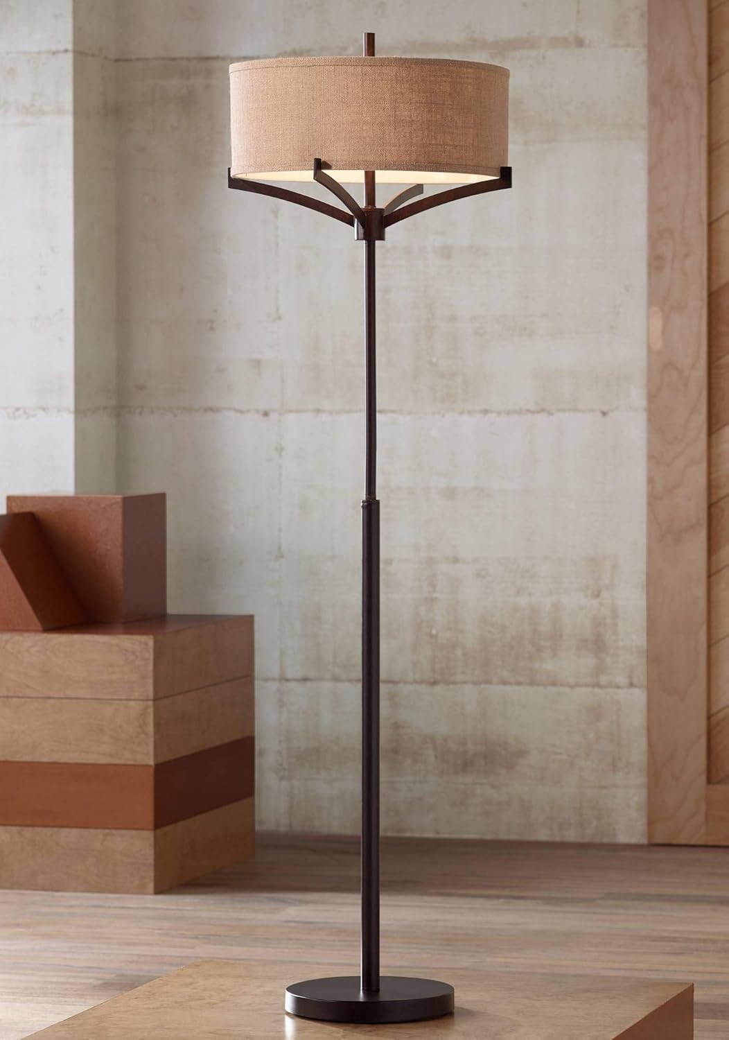 Franklin Iron Works Tremont Modern Mid Century Floor Lamp Standing 62" Tall Deep Bronze Metal Tan Burlap Drum Shade for Living Room Reading Bedroom