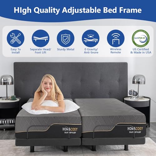 Split King Adjustable Bed Frame with Mattress, 12 Inch Grey Gel Memory Foam Medium-Firm Mattress in Box