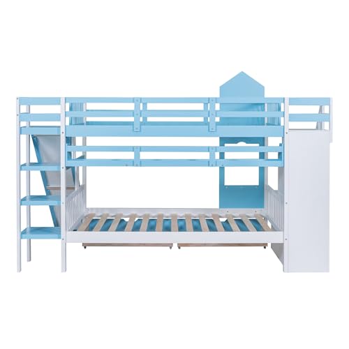 Harper & Bright Designs Twin Over Twin Bunk Bed with Stairs and Slide, Solid Wood Bunk Bed Frame with Storage Drawers and Bookshelf