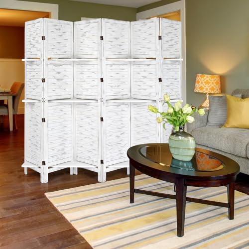 Bonnlo 6 Panels Wood Room Divider with Shelves, 6 FT Height Folding Privacy Screens, Indoor Freestanding Room Partition Wall Divider
