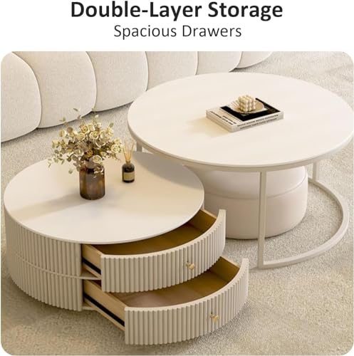 28IN Modern Coffee Tables - Wave Panel & Metal Frame | Nesting Round Coffee Table Set of 2, Dining Table for Home Living Room, Office (Glass)