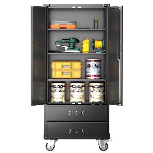 Aobabo 71" H×32" W×16" D Metal Storage Cabinet with Wheels, Garage Steel Storage Cabinet with 5 Adjustable Shelves and 4 Hooks for Home Office