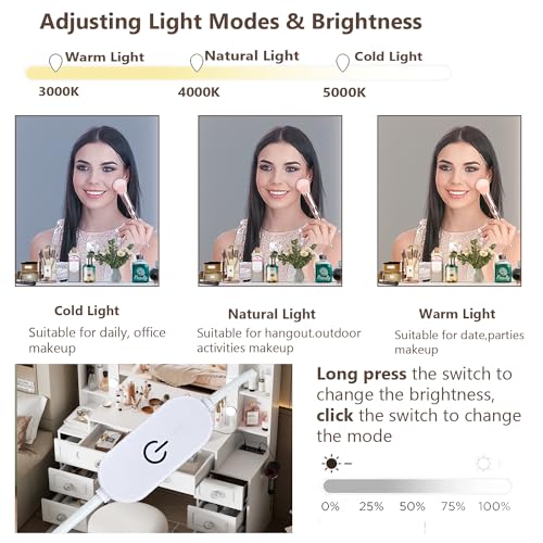 Farmhouse Makeup Vanity with Lighted Mirror & Charging Station, Vanity Desk Dresser Table with 3 Lighting Modes Brightness Adjustable,Drawers