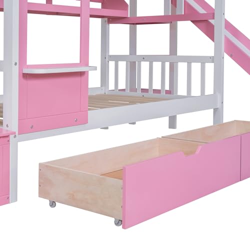 Full-Over-Full Castle Style Bunk Bed with 2 Drawers and 3 Shelves, Wood Bunk Bed Frame with Slide and Storage Staircase for Kids Teens Boys Girls
