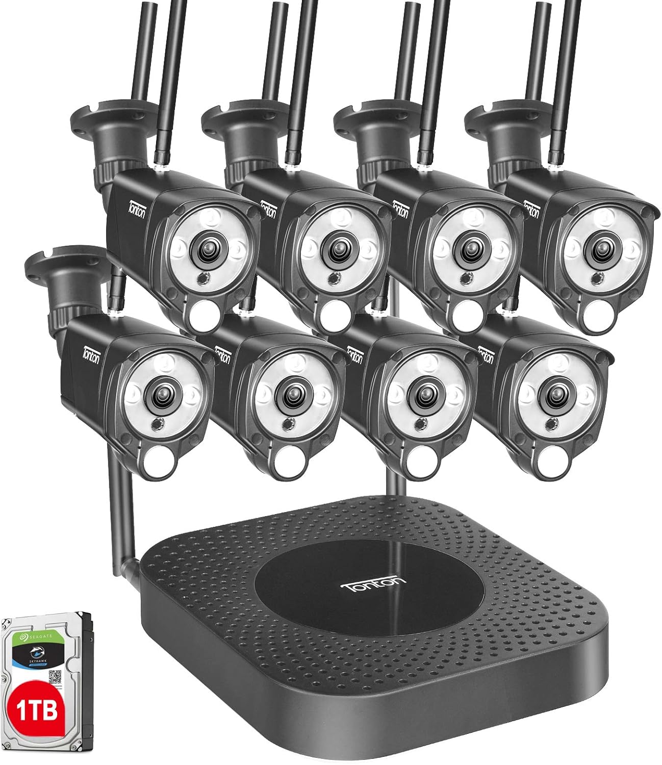 [2K&2 Way Audio&Thermal Detect] Tonton Security Camera System Wireless,8CH NVR with 1TB HDD and 8PCS 3MP Outdoor Bullet Cameras with PIR Sensor