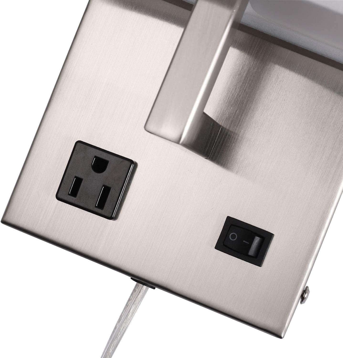Postmodern Bedside Wall Mount Light with AC Outlet and Switch,Plug in Cord Hardwire,Brush Nickel,White Fabric Shade