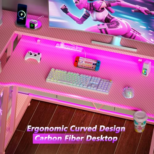 55 Inch Gaming Desk with Power Outlet & LED Lights, L Shaped Gamer Computer Table with Storage Shelves for Bedroom, Corner Home Office Desk